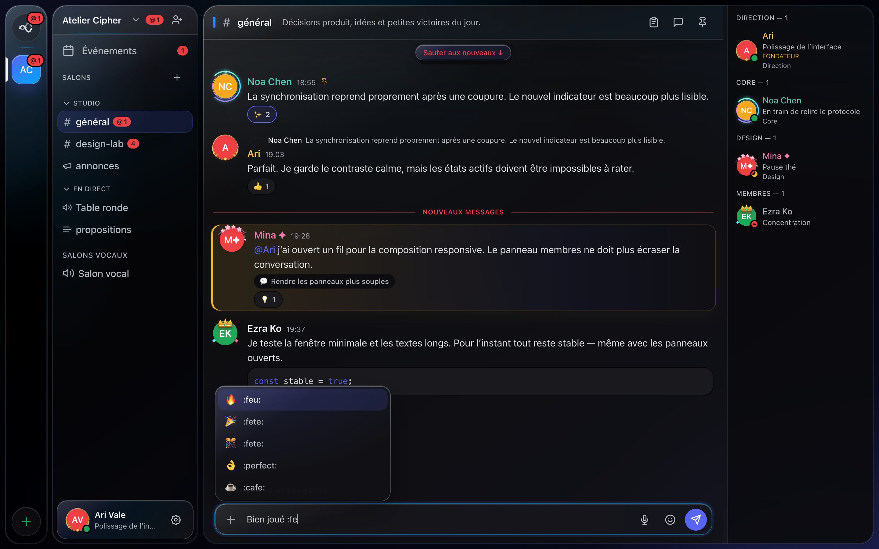 The emoji autocomplete open in Accord's composer