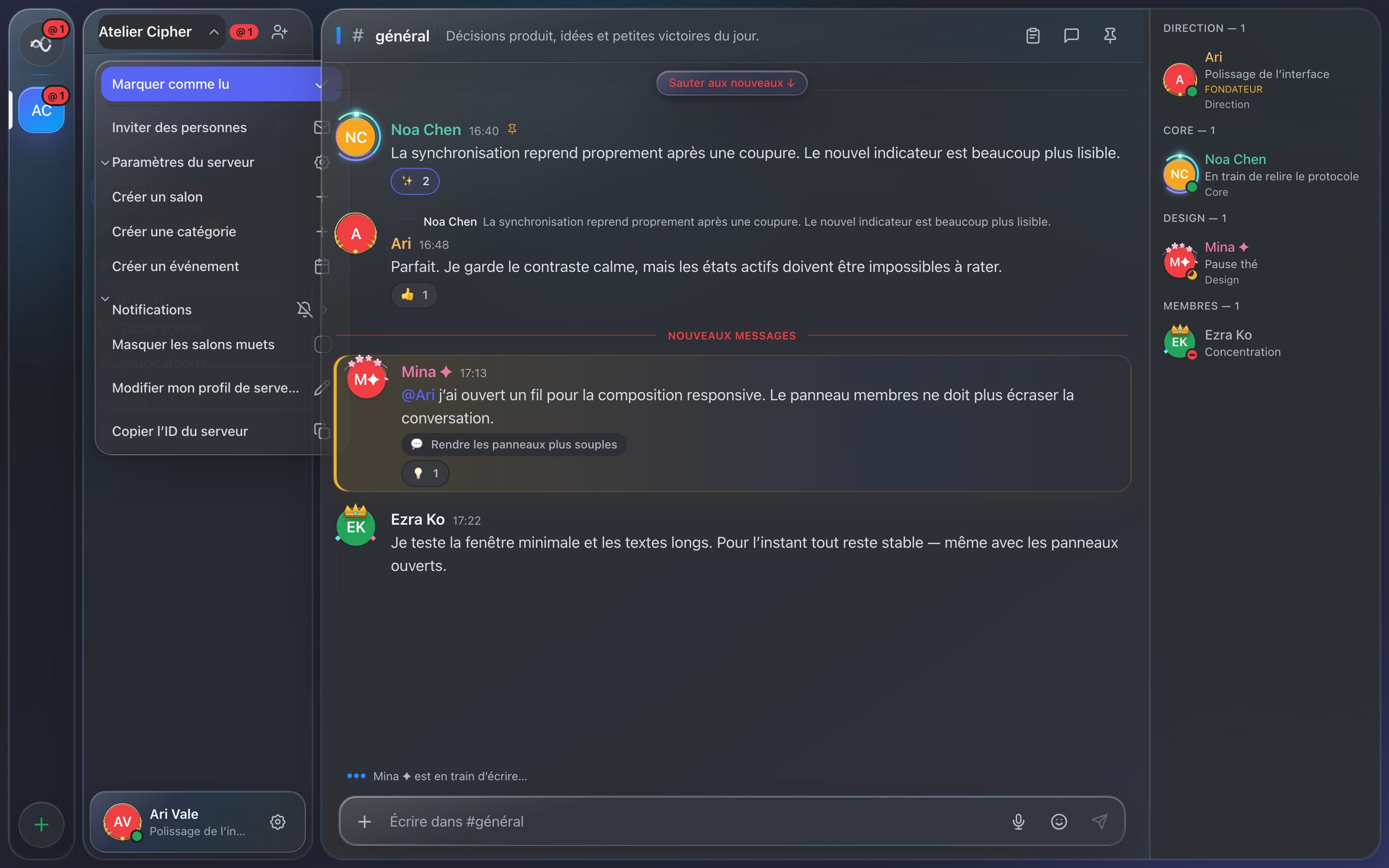 Le menu du serveur ouvert : Marquer comme lu, Inviter des personnes, Paramètres du serveur, Modifier mon profil de serveur
