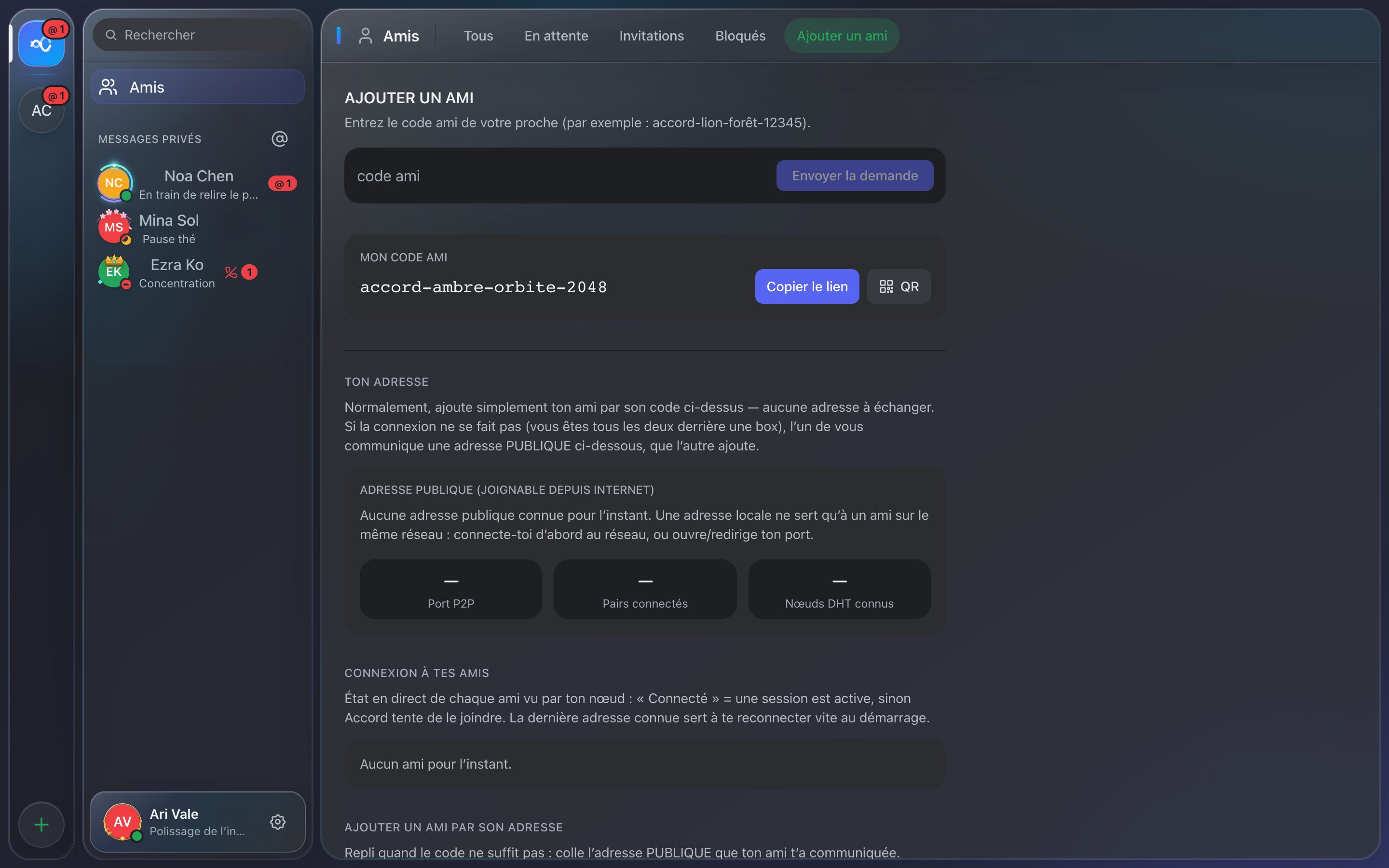 Onglet Amis → Ajouter un ami : code ami, adresse publique, compteurs réseau et état de la connexion à chaque ami